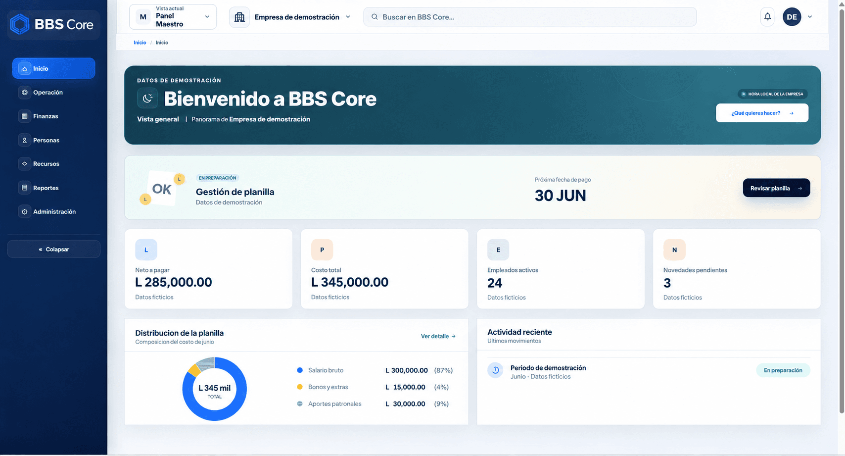 Interfaz de BBS Core: navegación de operación, finanzas, personas y recursos, con panel de planilla anonimizado